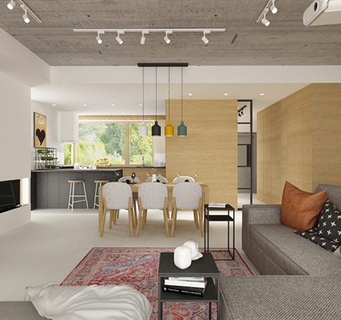 Nowoczesne wnętrze domu z otwartą kuchnią, jadalnią i salonem, w stylu minimalistycznym z drewnianymi akcentami i designerskim oświetleniem – projekt wnętrza domu Warszawa.